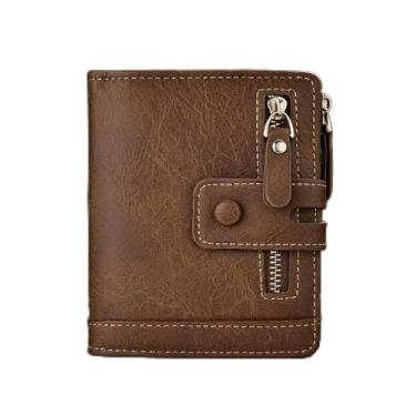 Imagem de Carteira masculina clássica marrom claro compacta de couro PU com listras abertas, design aberto simples com vários compartimentos para cartão e janela transparente para identidade