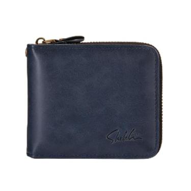 Imagem de Carteira masculina azul de negócios, vários compartimentos, com estampa de verificação de encaixe, couro legítimo, multicompartimentos, design azul comercial com encaixe, padrão xadrez