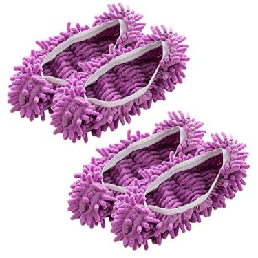 Imagem de 2 pares de meias de esfregão, chinelos de esfregão de microfibra, meias laváveis e reutilizáveis para limpeza de chão, capas macias para esfregão (roxo)