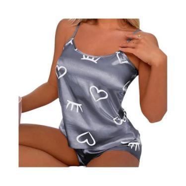 Imagem de Conjunto De Pijama Feminino Em Seda Gelada Com Camisola E Shorts L XL 
