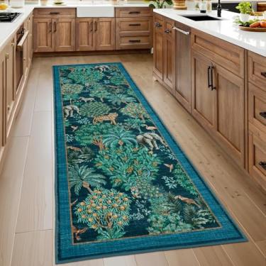 Imagem de GarveeHome Tapete de selva 5 x 15 cm tapete de cozinha antiderrapante lavável para corredores, tapetes de corredor com estampa de animais com suporte de borracha macio de baixa pilha floresta tapete