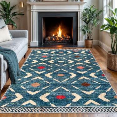 Imagem de KILOCOCO Tapete de entrada, 1,2 m x 1,8 m, lavável, tapete para quarto, antiderrapante, boho, tapete baixo/multiplo, tapete macio para cozinha, sala de estar, jantar, tapete marroquino geométrico,