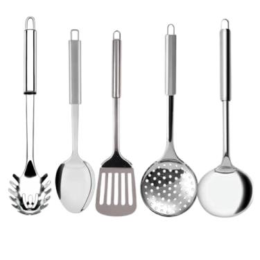 Imagem de Kit Utensílios para Cozinha Inox Escumadeira Concha Colher de Arroz Pegador Massa Garfo Trinchante (5 Peças)