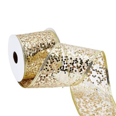 Imagem de letsinstyle Fita metálica com glitter de 10 metros, fitas de borda com fio de malha brilhante de 6 cm, fita de cetim com lantejoulas douradas de Natal para embrulhar festas, decorações de casa
