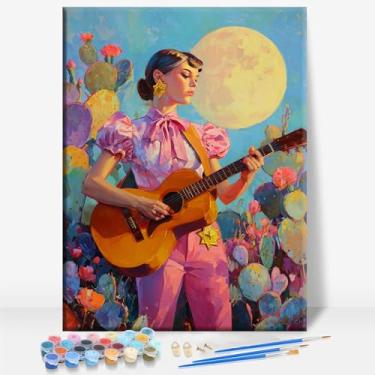 Imagem de HUINORYA Cowgirl in Pink Cantor Performing Creative Arts Framed Canvas DIY Paint by Numbers Kit Bar Cafe Cave Home Room Wall Bathroom Varanda Pátio Decoração Presente, 40,6 x 30,5 cm