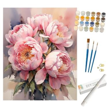 Imagem de Kit de pintura de peônias por números para adultos - Pintura de peônias rosa macias DIY enroladas em tela 40,6 x 50,8 cm, conjunto de tinta acrílica, adequado para iniciantes, ideal para decoração de