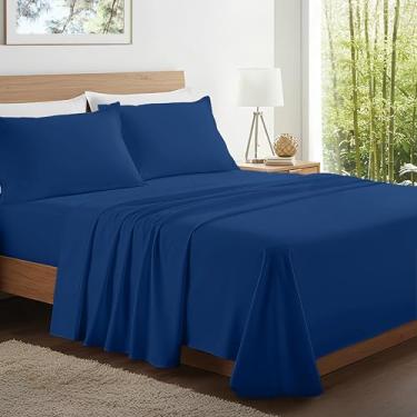 Imagem de Kickoff Lençóis de bambu viscose, tamanho casal, 4 peças, 100% viscose, bambu, orgânico, jogo de cama de casal para dormir quente, lençol plano, ajustado, fronhas (azul escuro, F)