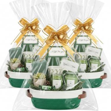 Imagem de Colingmill Pacote com 3 cestos de tecido com alças sacos de presente e fitas de armazenamento caixa de presente decorativa vazia para presentes cestas de casamento (branco e verde, 30,5 cm x 20,3 cm x