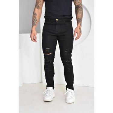 Imagem de Calça Jeans Destroyed Skinny Preta Masculina Tendência Casual Sofistic