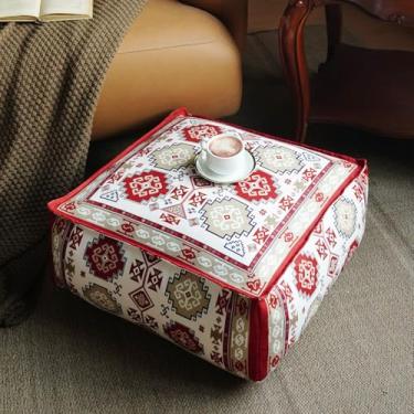 Imagem de Artbloss Capa para pufe não recheada com apoio para os pés otomano boêmio de chenille saco de feijão de chão 50 x 50 x 20 cm para sala de estar, quarto, decoração de casa (vermelho, quadrado)