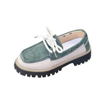 Imagem de Mocassins femininos com cadarço com detalhe de patchwork, bico redondo e sola grossa, Verde, 39