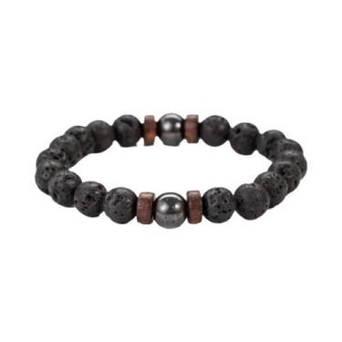 Imagem de Pulseira Elástica De Pedra Vulcânica De 8mm Com Contas De Madeira, Joi