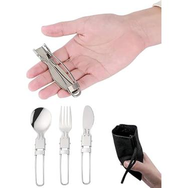 Imagem de Conjunto de facas de garfo de colher dobrável - faca de garfo de aço inoxidável e bolsa de armazenamento de nylon - dobrável + alça de bloqueio - Utensílios ultraleves para mochilão/caminhada