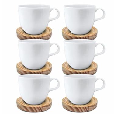 Imagem de Conjunto 6 Xícaras de Porcelana Branca 170ML + Pires de Madeira - Mesa de Café e Manhã Completa, Aconchegante para Residência