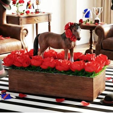 Imagem de Amyhill Decoração de mesa Derby para festas de 20 cm de mesa de madeira para corrida de cavalos com mini estatuetas de cavalo de plástico e rosa vermelha para festivais, suprimentos de férias