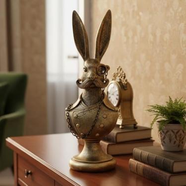 Imagem de Escultura de estátua de animal vintage, estatueta de busto de coelho de resina dourada com óculos e terno, decoração de mesa de escritório retrô para sala de estar em casa, presente criativo para