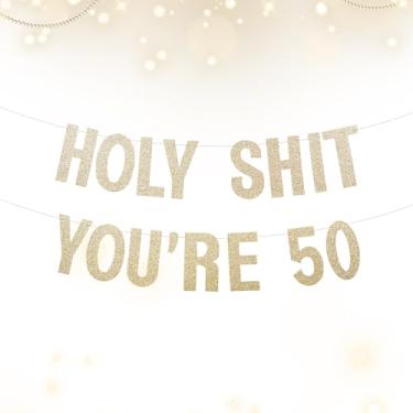 Imagem de Decorações engraçadas de aniversário de 50 anos para homens e mulheres, faixa grande pré-amarrada rude Holy Shit You're Old Banner, suprimentos de festa de aniversário de marco com glitter, cartolina