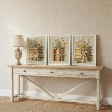 Imagem de Kit 3 Quadros Livros Com Flores Vintage 33X24Cm Mold Preta - Quadros O