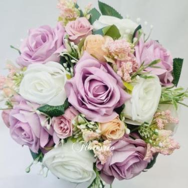 Imagem de Buquê de Noiva Artificial com Flores Coloridas para Casamento Civil ou Religioso(00525/Lilás/Branco/Creme)