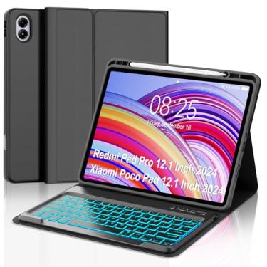 Imagem de Capa de teclado para Redmi Pad Pro / Xiaomi Poco Pad 12,1 polegadas com teclado retroiluminado, capa removível para teclado sem fio com suporte de caneta para Xiaomi Redmi Pro 12,1 polegadas 2024