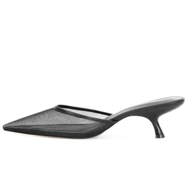 Imagem de ZJGZF Salto gatinho de malha feminino bico fino fechado sem costas stiletto slingback salto baixo sapatos confortáveis, Malha preta, 37