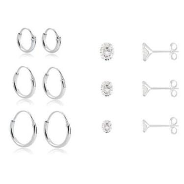 Imagem de Kit Trio Brinco Masculino Feminino Zircônia Redonda e Argola Prata 925 Maciça Legítima-Unissex