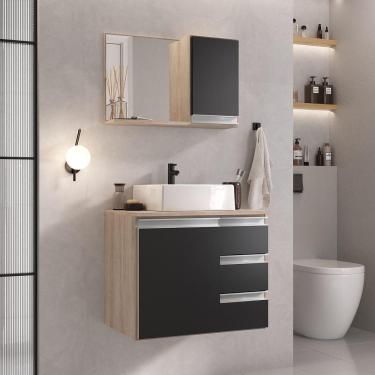 Imagem de Conjunto Gabinete Banheiro Prisma 60cm Gabinete + Cuba + Espelheira Madeirado Preto