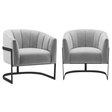 Imagem de Kit 2 Poltronas Decorativas Sala De Estar Recepção Mavie Base De Ferro Preto Linho Cinza Claro