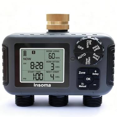 Imagem de Insoma Temporizador de irrigação de 3 zonas com entrada de latão + IPX5 à prova d'água | Modo de irrigação automático/manual programável com atraso de chuva e LCD grande | Temporizador de mangueira de