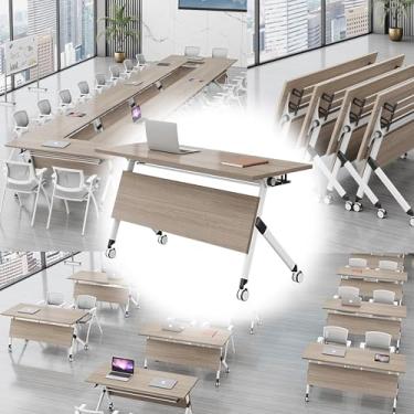 Imagem de Mesa de conferência dobrável que economiza espaço, mesa de seminário móvel com rodízios de bloqueio para escritórios modernos, salas de aula flexíveis, salas de reunião eficientes e salas de trabalho
