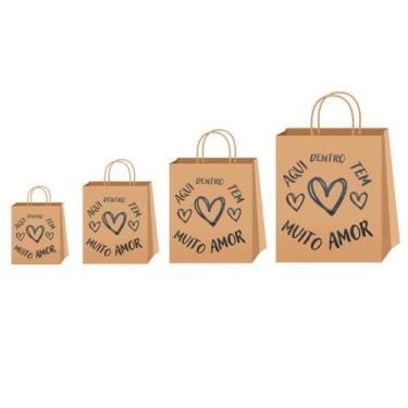 Imagem de Kit 100 sacolas papel kraft coração 25 cada tamanho pp p m g - MLBpel