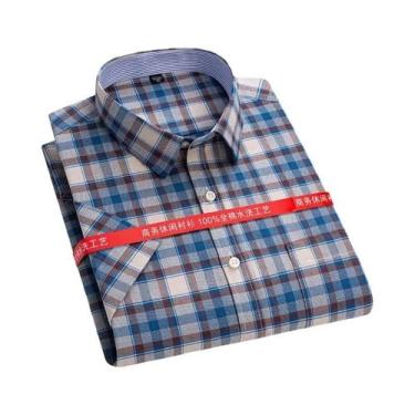 Imagem de Camisa Oxford Masculina 100% Algodão Xadrez Manga Curta Corte Regular 