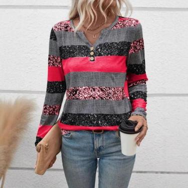 Imagem de Blusa Feminina Listrada de Manga Comprida - Decote V - Casual - Primav