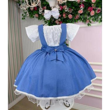 Imagem de Vestido Infantil Salopete Branco e Azul Virginia - Moda Casual, 4, Sal