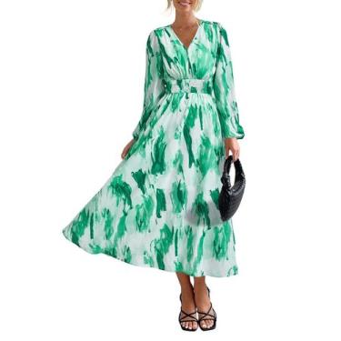 Imagem de Vestido PRETTYGARDEN Floral Midi Verde com Decote V e Manga Longa