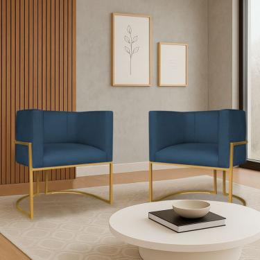 Imagem de Kit 2 Poltronas Dália Luxo Moderna Estofada Design Sofisticado Com Base De Ferro Dourado Suede Azul Marinho
