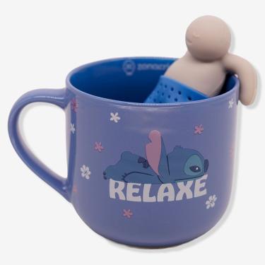 Imagem de Caneca com Infusor Stitch Relaxe Disney para Chá em Cerâmica com Boneco Infusor de Silicone para Lanche da Tarde Azul