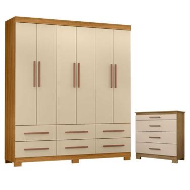 Imagem de Cômoda 4 Gavetas New E Guarda Roupa Casal New Kansas Carvalho Americano Off White - Incorplac