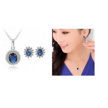 Imagem de Conjunto colar zirconia azul marinho brinco folheado COR:PRATEADO AZUL