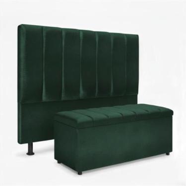Imagem de Kit Cabeceira E Calçadeira Baú Carla Solteiro 90 cm - Veludo Verde - C
