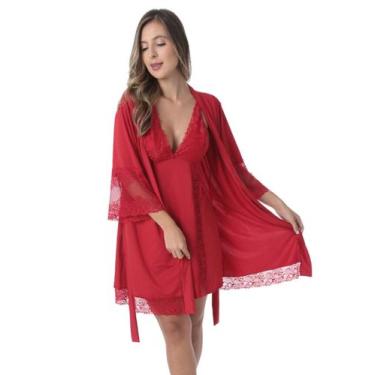 Imagem de Kit Robe Roupão de Banho + Camisola Com Renda Lingerie Luxo Conforto -