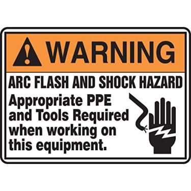 Imagem de Accuform MELC359XV Placa adesiva Dura-Vinyl, Legend"Warning ARC Flash and Shock Hazard Appropriate EPI e", 18 cm de comprimento x 25 cm de largura x 0 cm de espessura, preto/laranja sobre branco