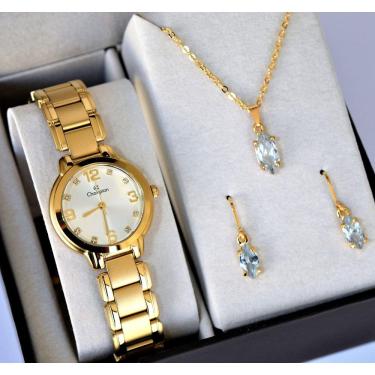 Imagem de Relogio Champion Feminino Pequeno Dourado Cn28419w + Kit Semi Joia