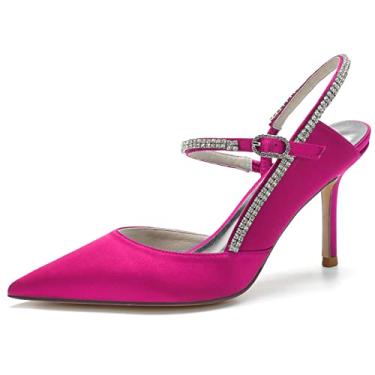 Imagem de Sandália feminina com tira no tornozelo bico fino Slingback strass cetim sapato, rosa, 9.5