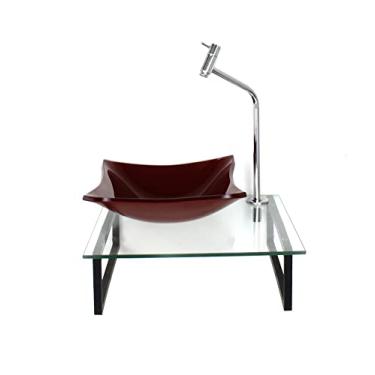 Imagem de KIT CUBA DE VIDRO QUADRADA 10MM VERMELHO CEREJA COM TAMPO 40CM INCOLOR E SUPORTE PRETO