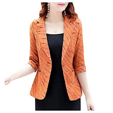 Imagem de Dawwoti Blazer feminino listrado casaco de um botão Shrug Suit manga 3/4 emagrecimento trabalho blazer, Laranja, G