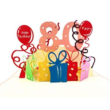 Imagem de iGifts and Cards Happy 80th Birthday With Lots of Presents Cartão de felicitações 3D Pop Up - Incrível, Bonito, Divertido, Único, Ocasião Especial, Half-Fold, Celebração, Marido, Esposa, Melhor Amigo, Parabéns