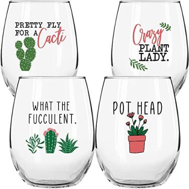 Imagem de Presente de cacto de plantas suculentas para mulheres - Conjunto de 4 taças de vinho engraçadas 425 g - Caneca de presente para amantes de plantas - What the Fucculent- Copo de vidro Crazy Plant Lady - Taças de vinho sem haste - degustação de vinho, festa