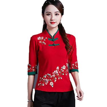 Imagem de Yajun Camisa tradicional chinesa Cheongsam manga curta feminina algodão bordado tops go...