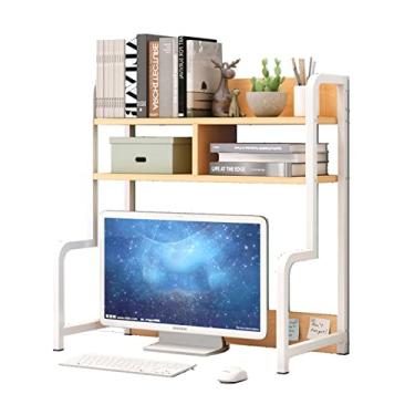 Imagem de KIZQYN Estante de mesa estante de livros simples mesa de aço organizador de armazenamento de madeira rack para organizador de materiais de escritório, decoração de casa estante de 2 camadas marrom/branco (cor: ouro)
